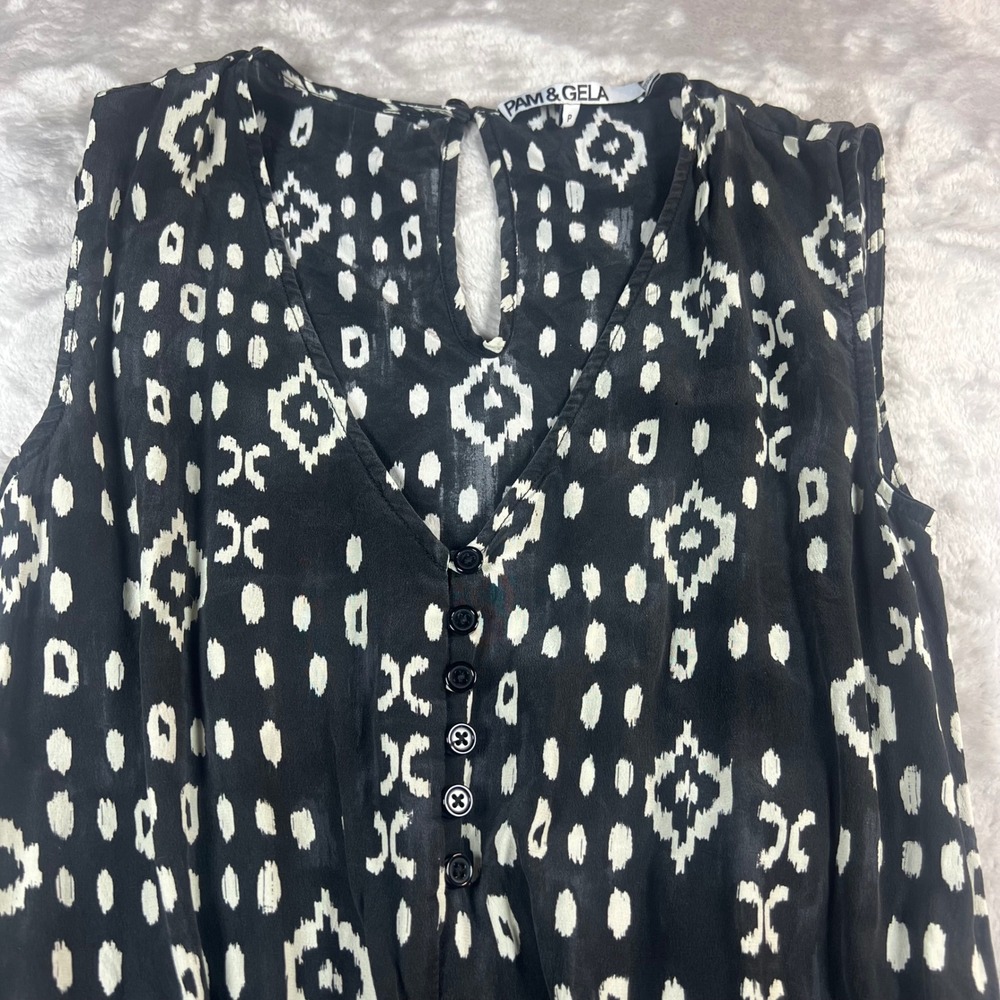 Pam & Gela Women Petite Silk Romper Black White Ikat Print Sleeveless Drawstring